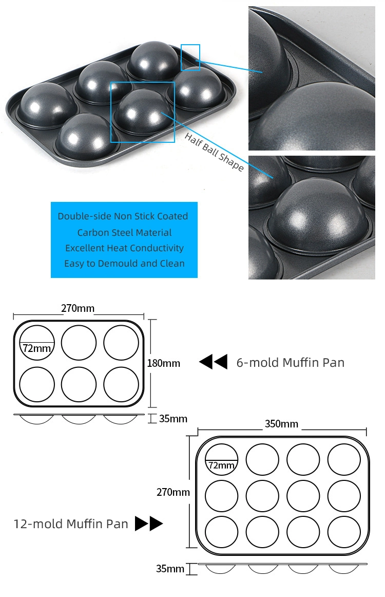 Carbon Steel Non Stick 6-Cup 12-Cup Half Ball Muffin Baking Pan Hemisphere Shape Cupcake Baking Mold Baking Pans