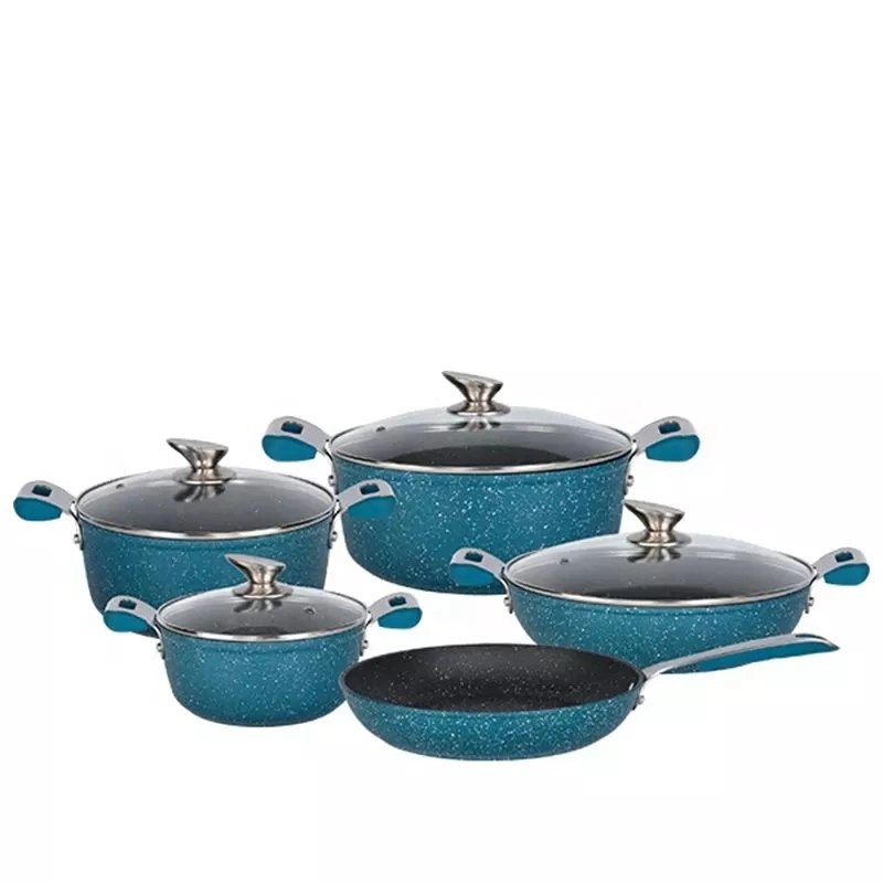5PCS Non Stick Kitchen Utensils Black Stone Marble Coating Inside Blue Stone Marble Outside Pots and Pans Aluminum Forged Cookware Set with Induction Bottom
