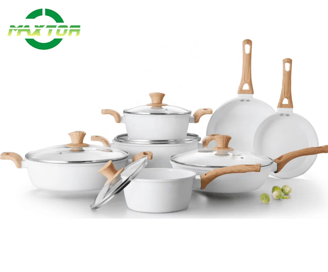 White Color Factory Wholesale Marble Coating Inside and Outside Non Stick Kitchen Utensils Sets Pots and Pans Forged Aluminum Cookware Set with Induction Bottom