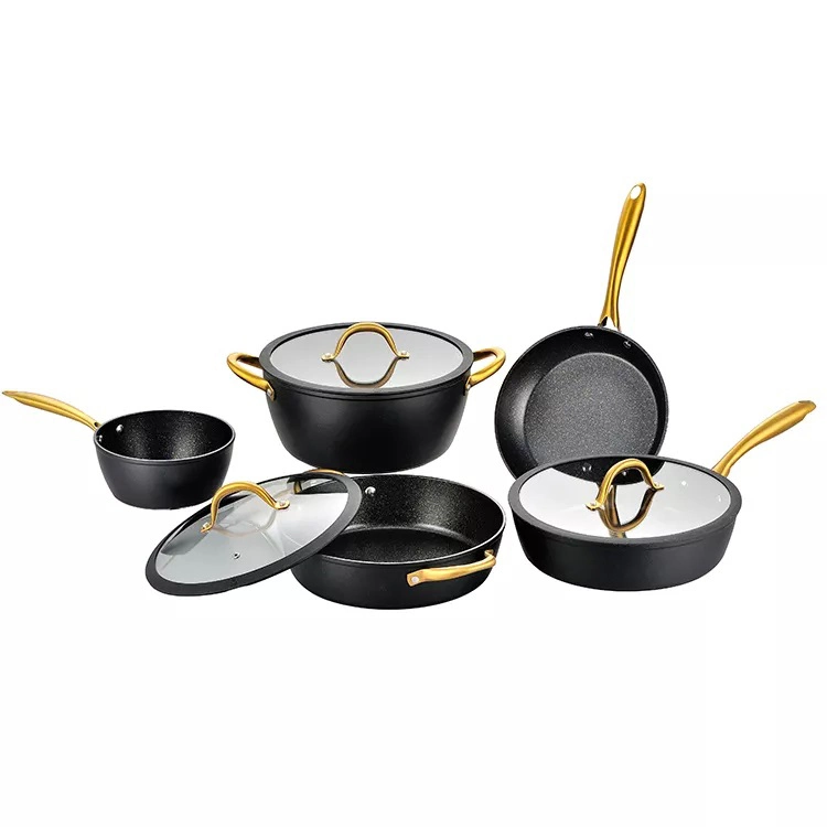 5PCS Non Stick Kitchen Utensils Sets Marble with PVD Stainless Steel Handle Pots and Pans Aluminum Forged Cookware Set with Induction Bottom