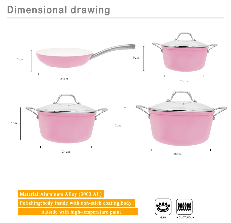 Pink Nonstick Enamel Coating Cookware Cooking Pot Non-Stick Cast Aluminum Casserole Set