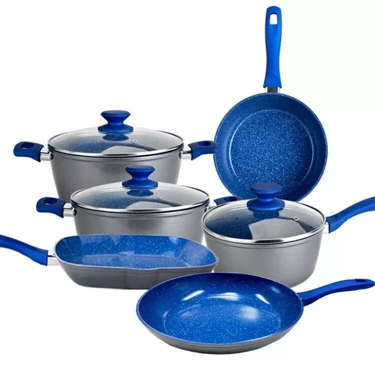 12PCS Factory Custom Aluminum Pots Pans Blue Marble Coating Non Stick Pots and Pans Forged Aluminum Cookware Sets