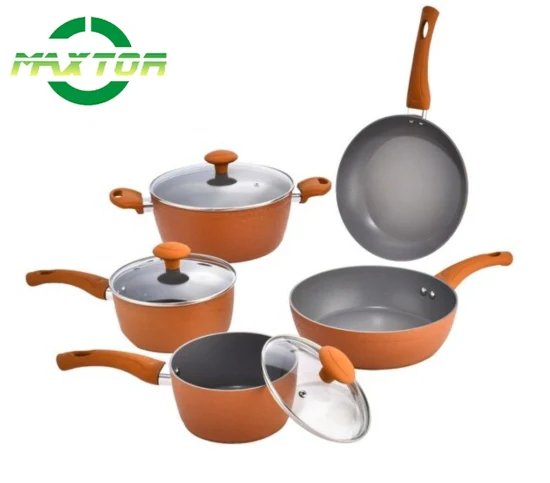 Aluminum Non Stick Kitchen Utensils Sets Marble Coating with Soft Touch Handle Pots and Pans Forged Cookware Set with Induction Bottom