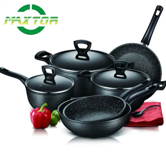 Factory Wholesale Marble Coating Inside and Outside Non Stick Kitchen Utensils Sets Pots and Pans Forged Aluminum Cookware Set with Induction Bottom