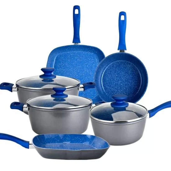 12PCS Factory Custom Aluminum Pots Pans Blue Marble Coating Non Stick Pots and Pans Forged Aluminum Cookware Sets